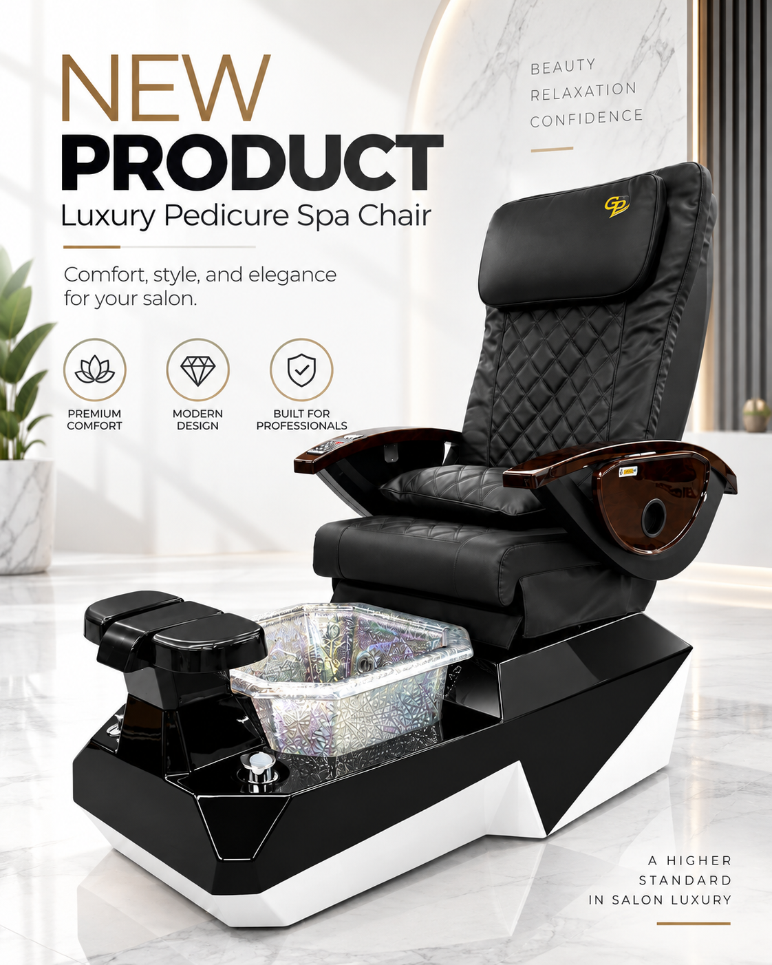Pedicure Chair Base S860 _ Black White & Bowl Clear
