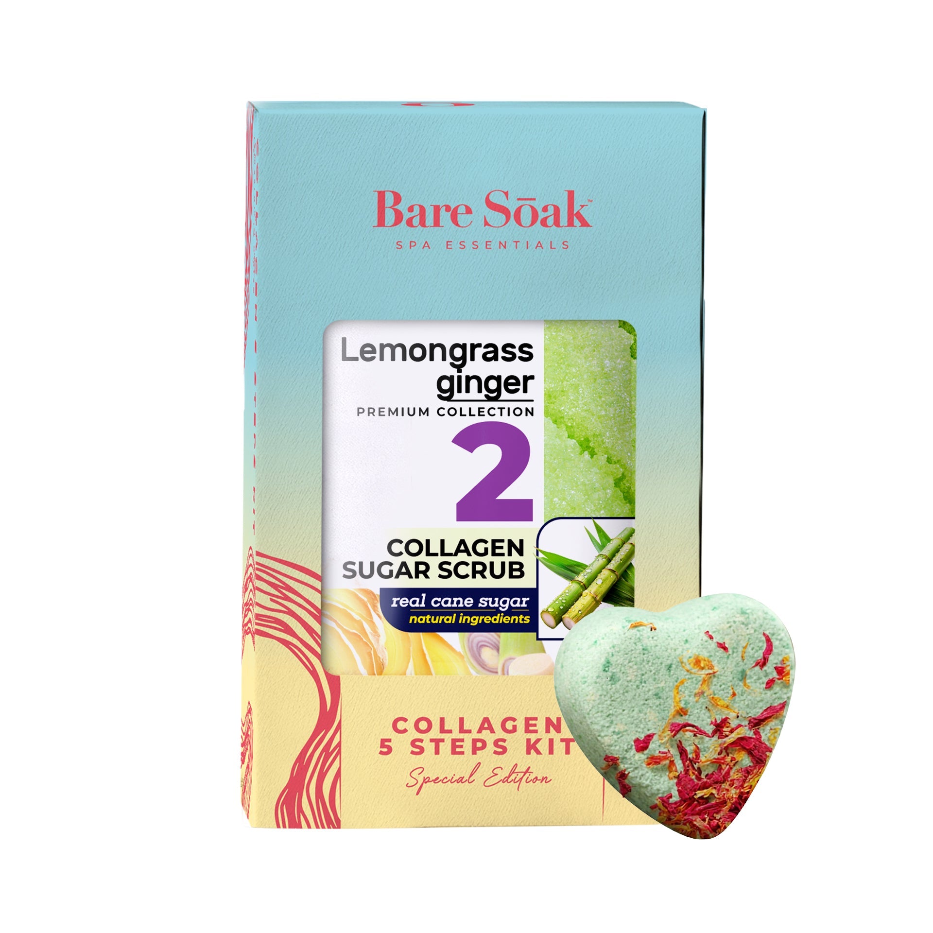 BareSoak 5 Steps Collagen with HEART Fizz Bomb - Lemongrass Ginger - Kits - New