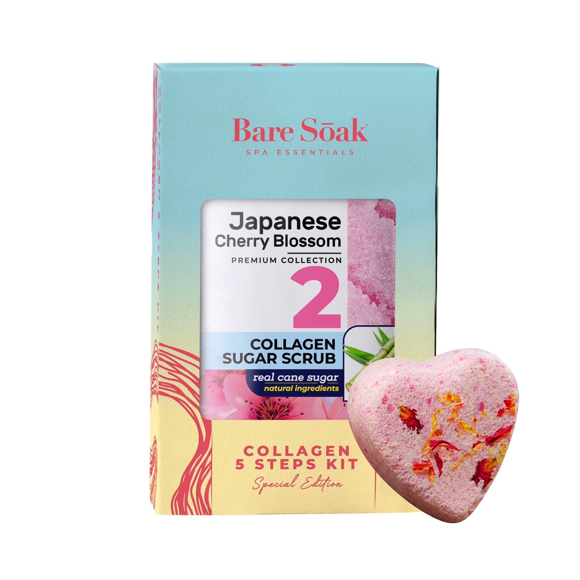 BareSoak 5 Steps Collagen with HEART Fizz Bomb - Japanese Cherry Blossom - Kits - New