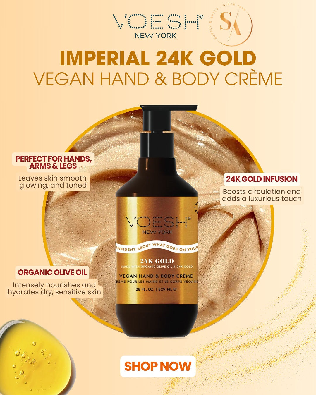 Voesh Vegon Body & Hand Creme - Imperial Gold (28 Fl Oz) - Case/12pcs