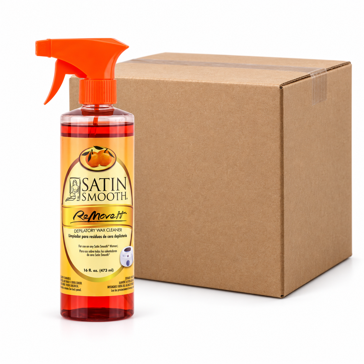 Satin Smooth Remove It Depilatory Wax Cleaner 16 fl oz - Case of 12 — illustrative case image with retail item and plain shipping carton