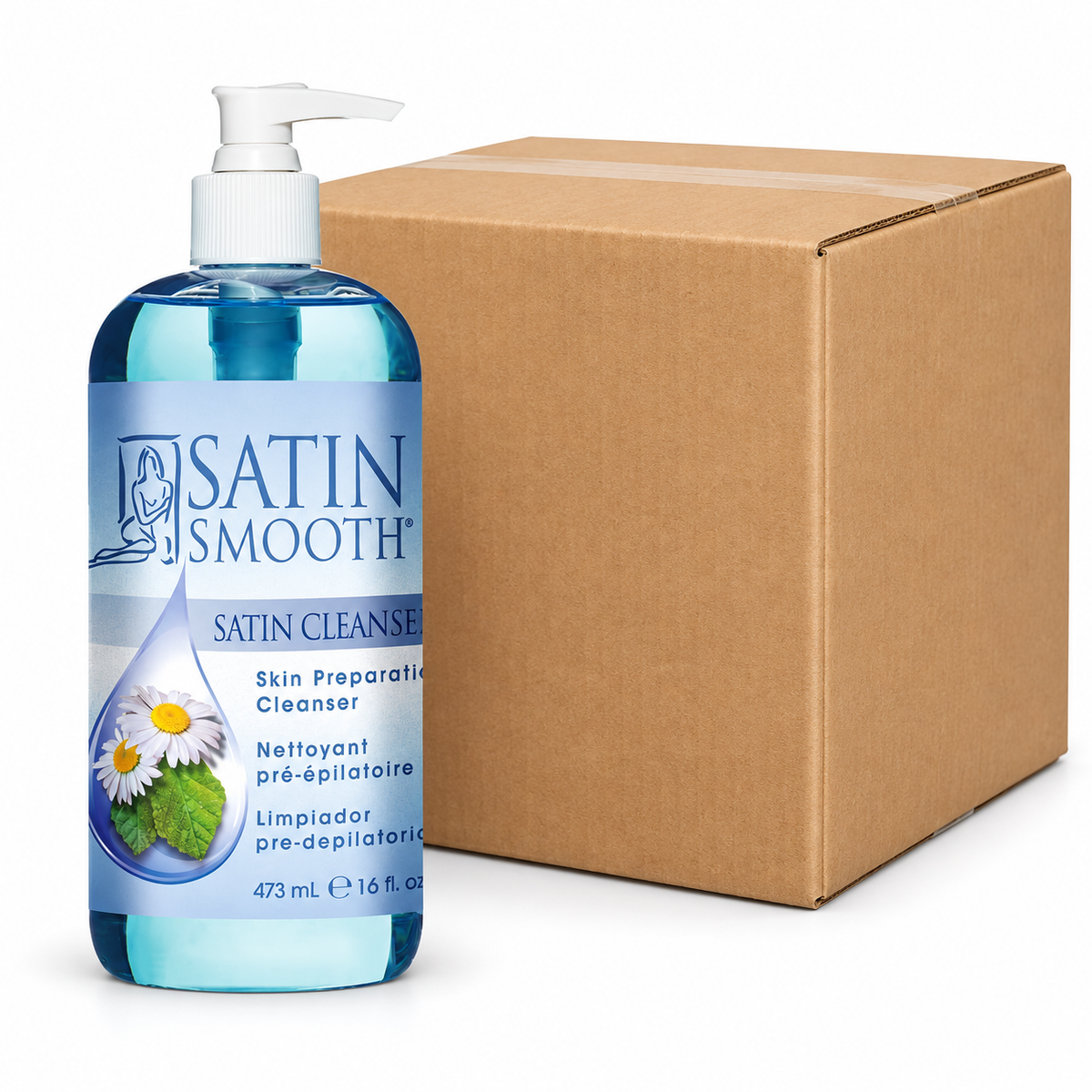 Satin Smooth Cleanser Skin Preparation Cleanser 16 fl oz - Case of 12 — illustrative case image with retail item and plain shipping carton