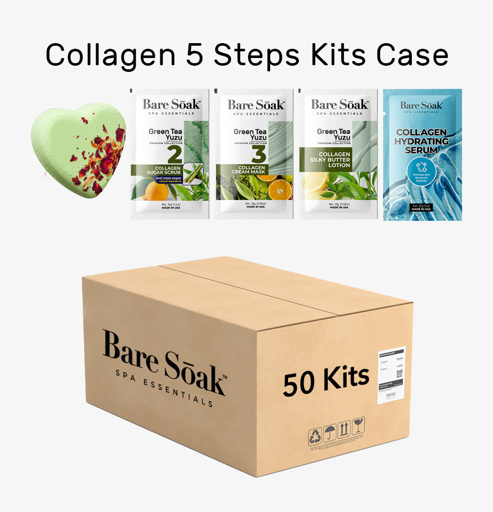 BareSoak 5 Steps Collagen with HEART Fizz Bomb - Green Tea Yuzu - Case of 50 - New
