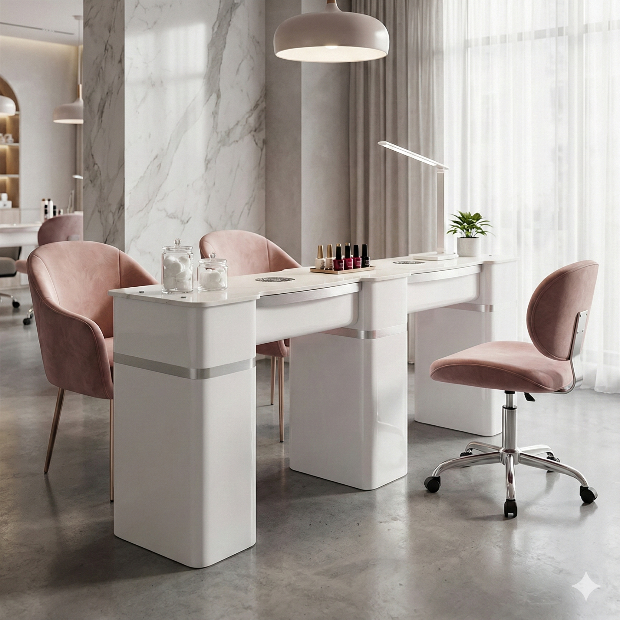 Nail Table - T20W - Double Station with Vent Hood - White Shiney Silver