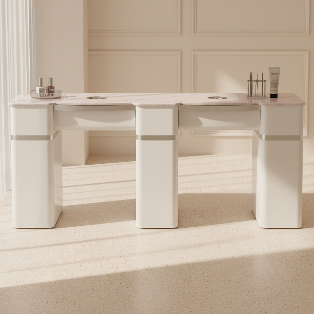 Nail Table - T20W - Double Station with Vent Hood - White Shiney Silver