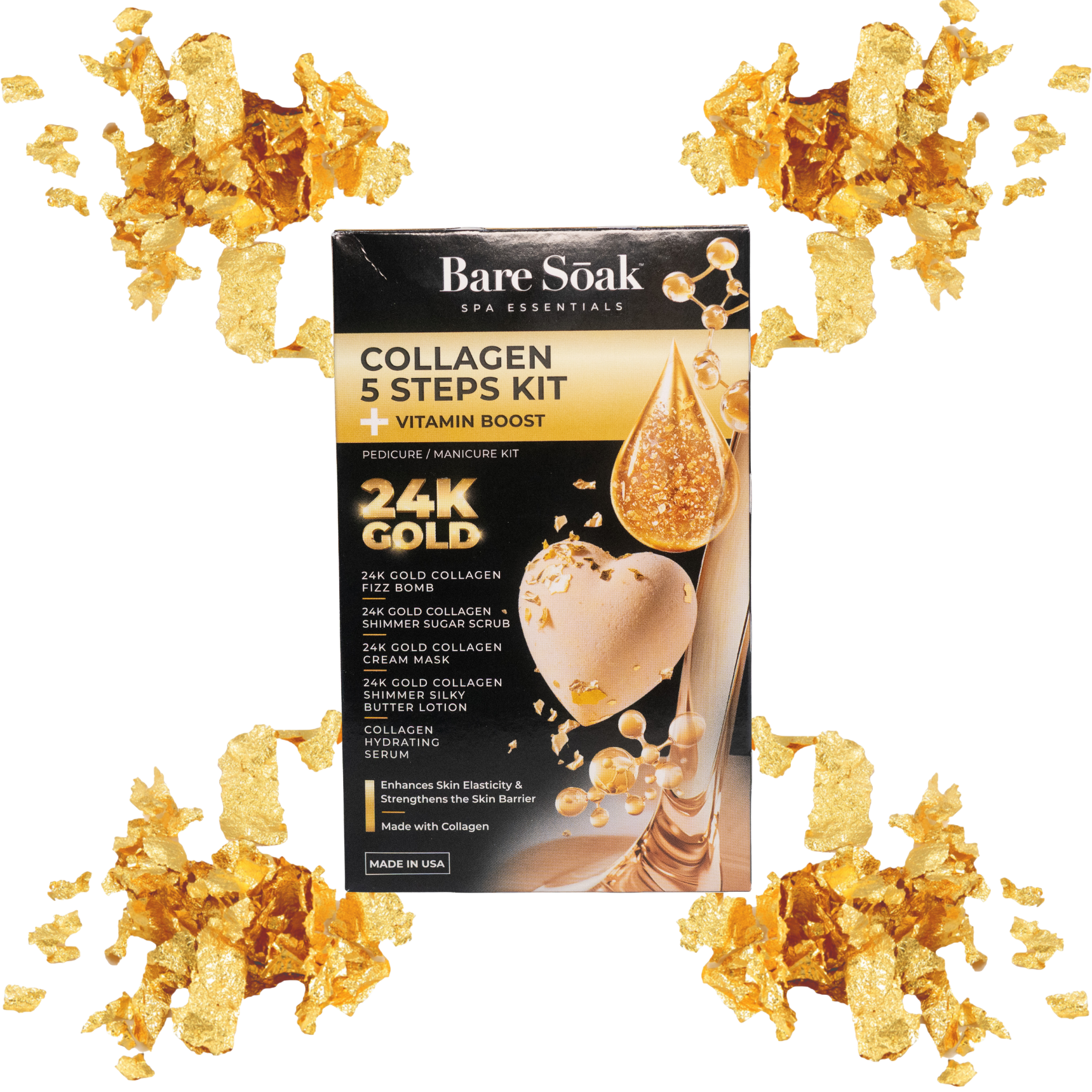 BareSoak 5 Steps Collagen with HEART Fizz Bomb - 24K Gold Flakes - Kits - New