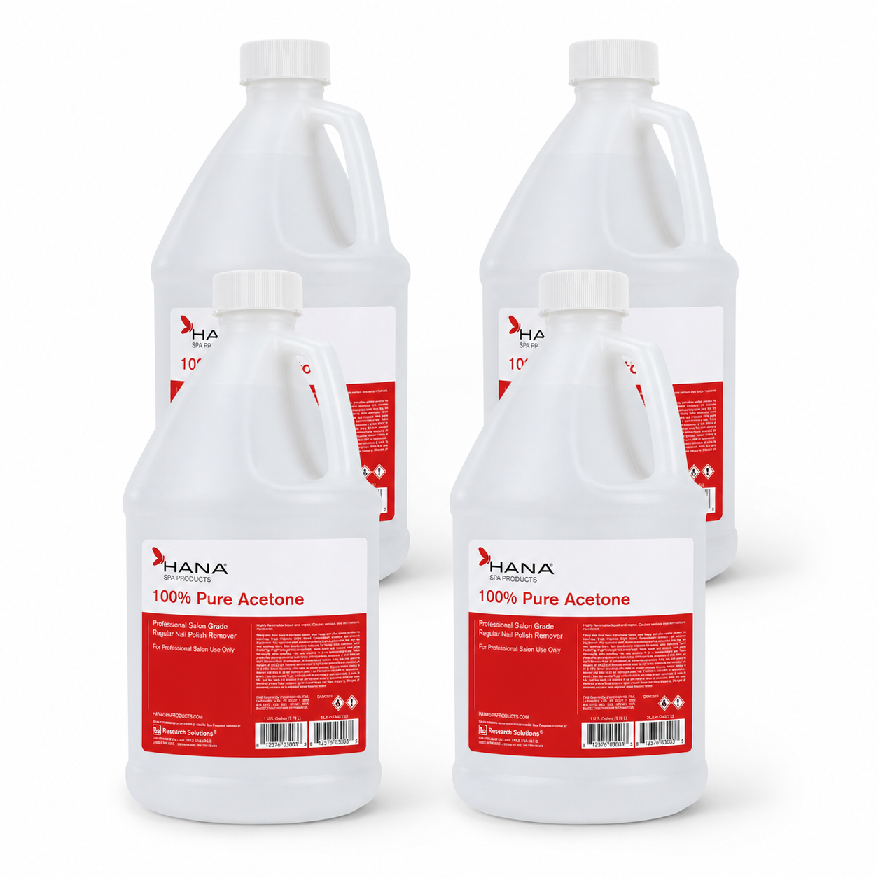 Four HANA 100% Pure Acetone one-gallon bottles included in the case