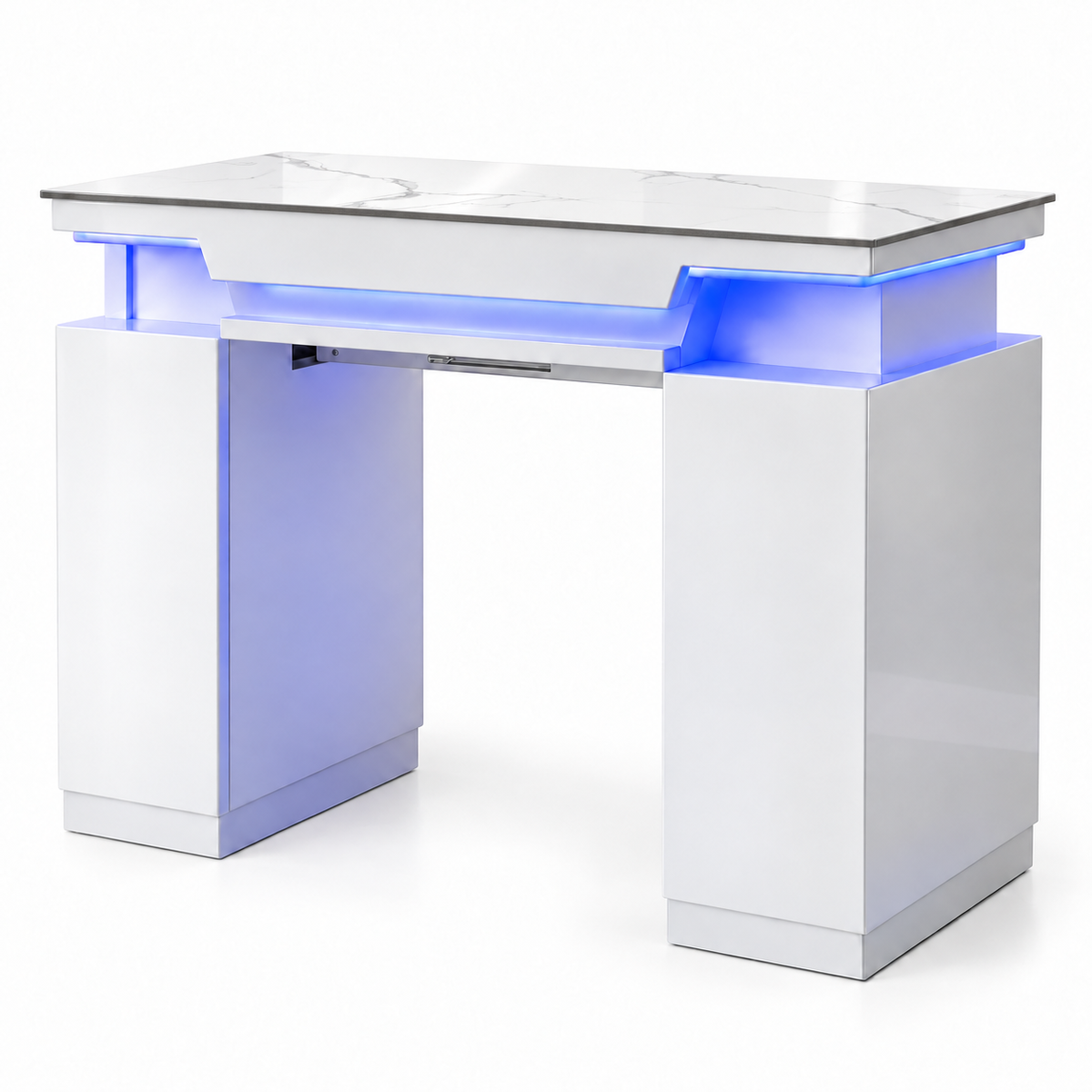 LUXE 02 single nail table - white tabletop with gray marble veining and blue accent lighting, without vent hood