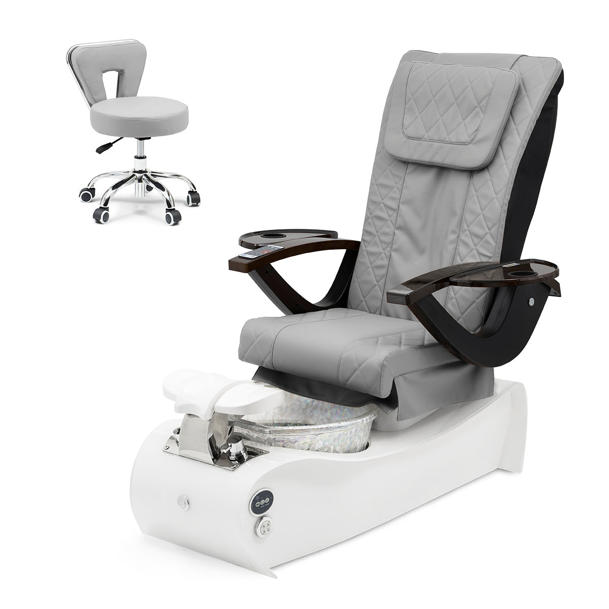 Thunder spa with G490 massage chair, gray Diamond leather, white base and Unicorn bowl
