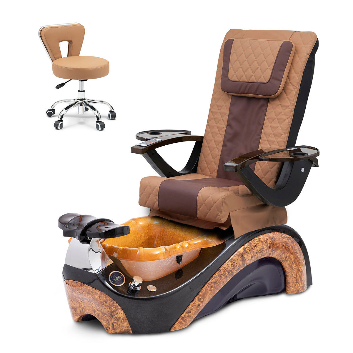 Phoenix Pedicure Spa Chair Complete Set with Pedi Stool - Chocolate Base - Gold Resin Bowl - Diamond Leather