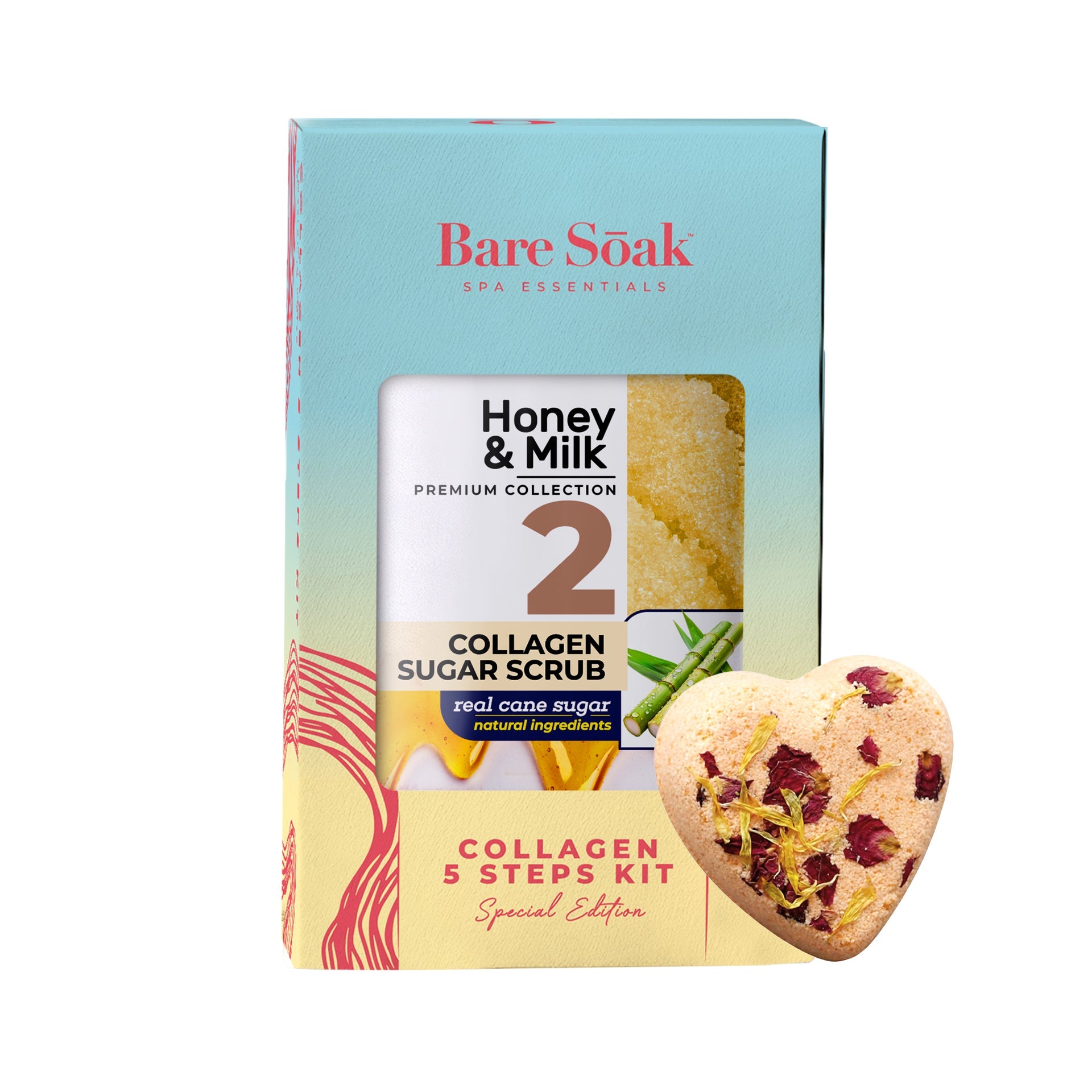 BareSoak 5 Steps Collagen with HEART Fizz Bomb - Honey & Milk - Kits - New