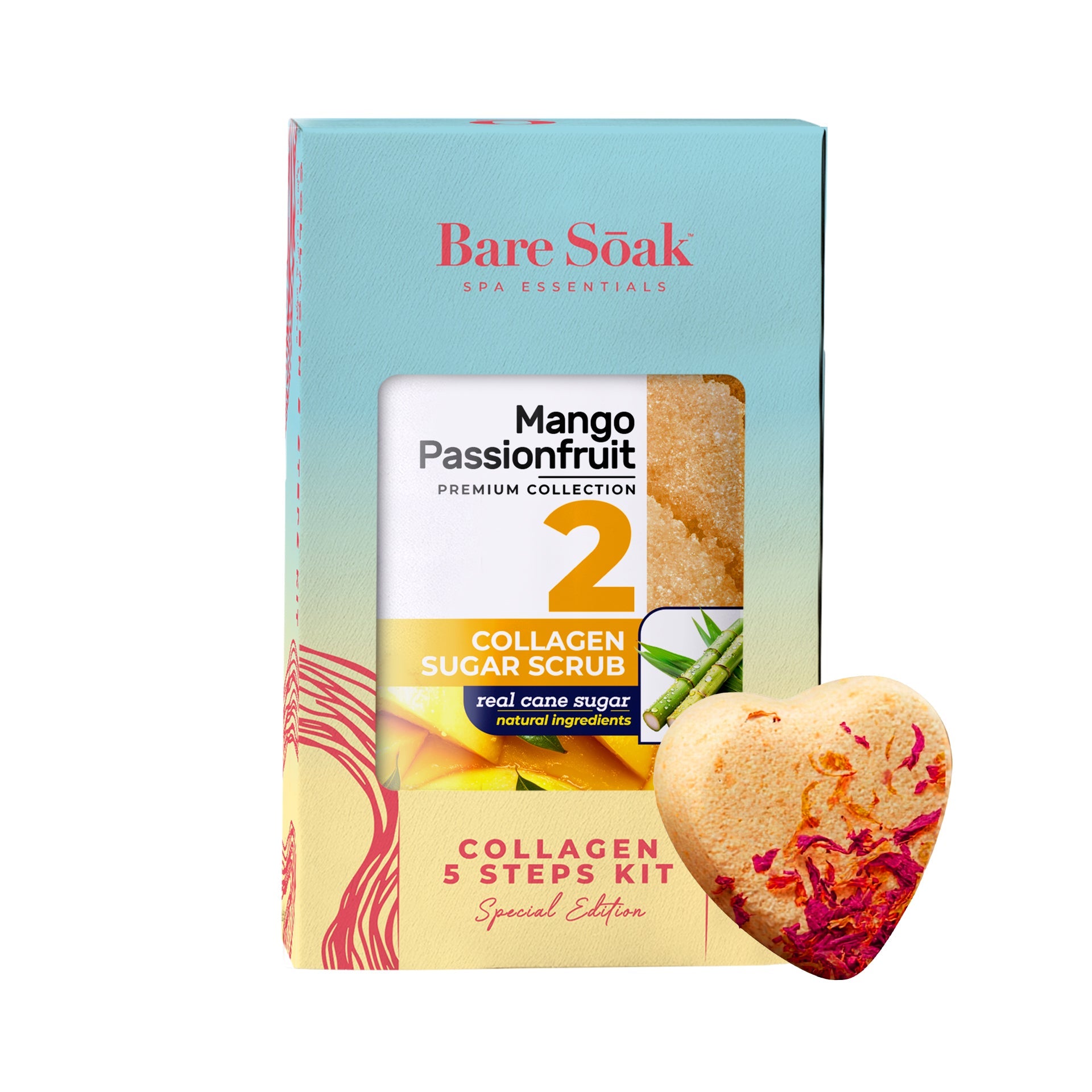 BareSoak 5 Steps Collagen with HEART Fizz Bomb - Mango Passionfruit - Kits - New
