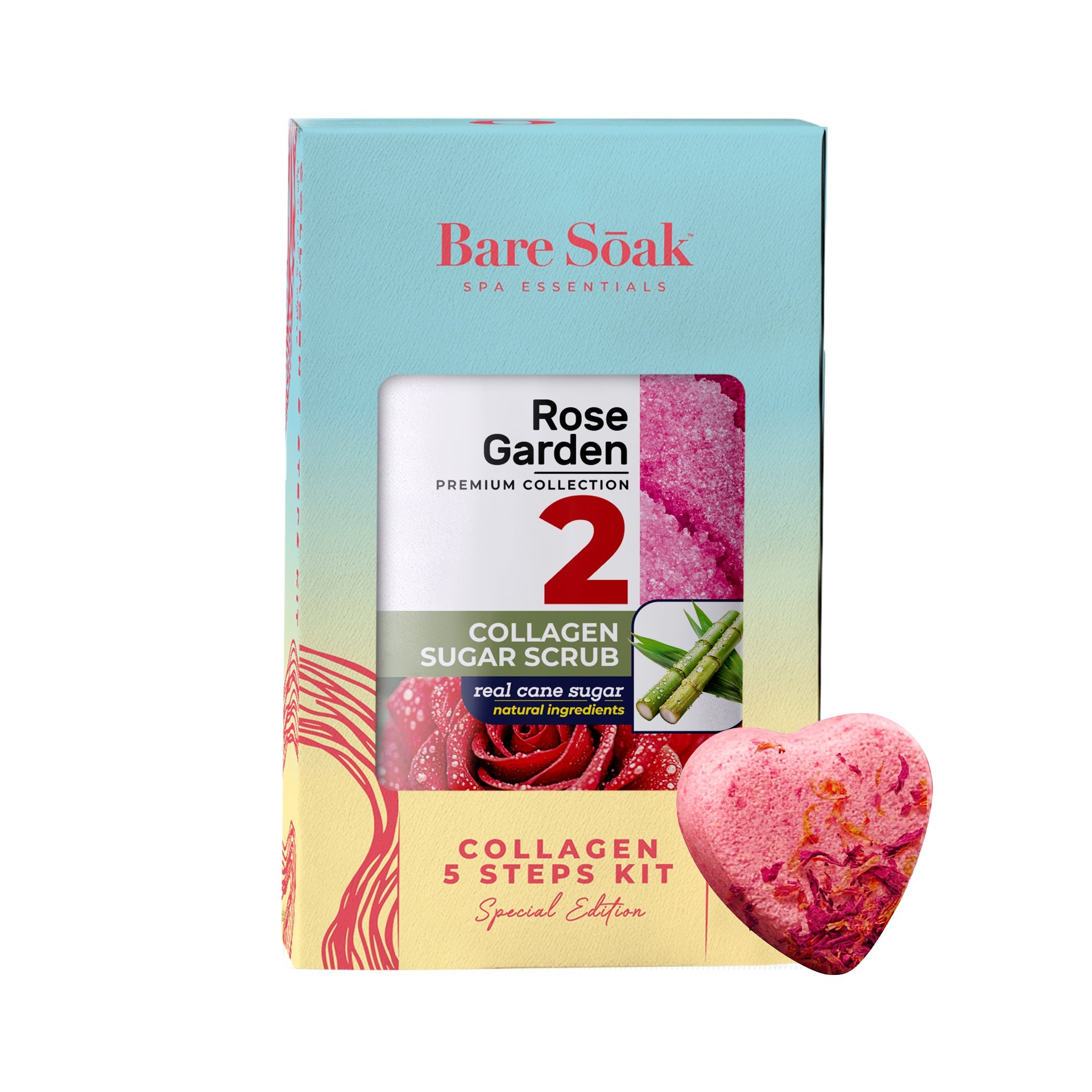 BareSoak 5 Steps Collagen with HEART Fizz Bomb - Rose Garden - Kits - New