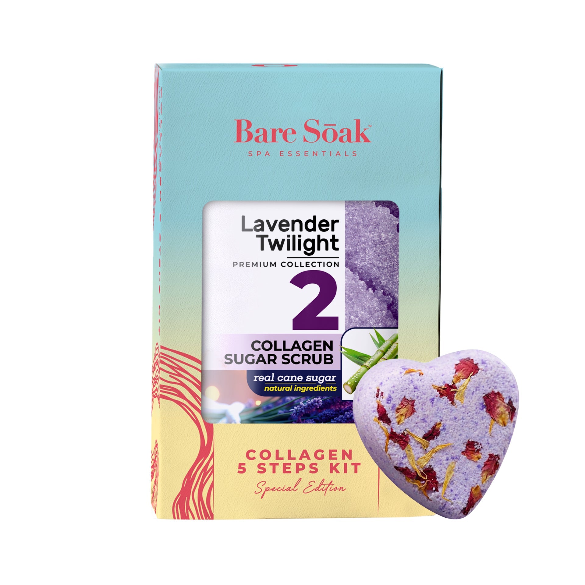 BareSoak 5 Steps Collagen with HEART Fizz Bomb - Lavender Twilight - Kits - New