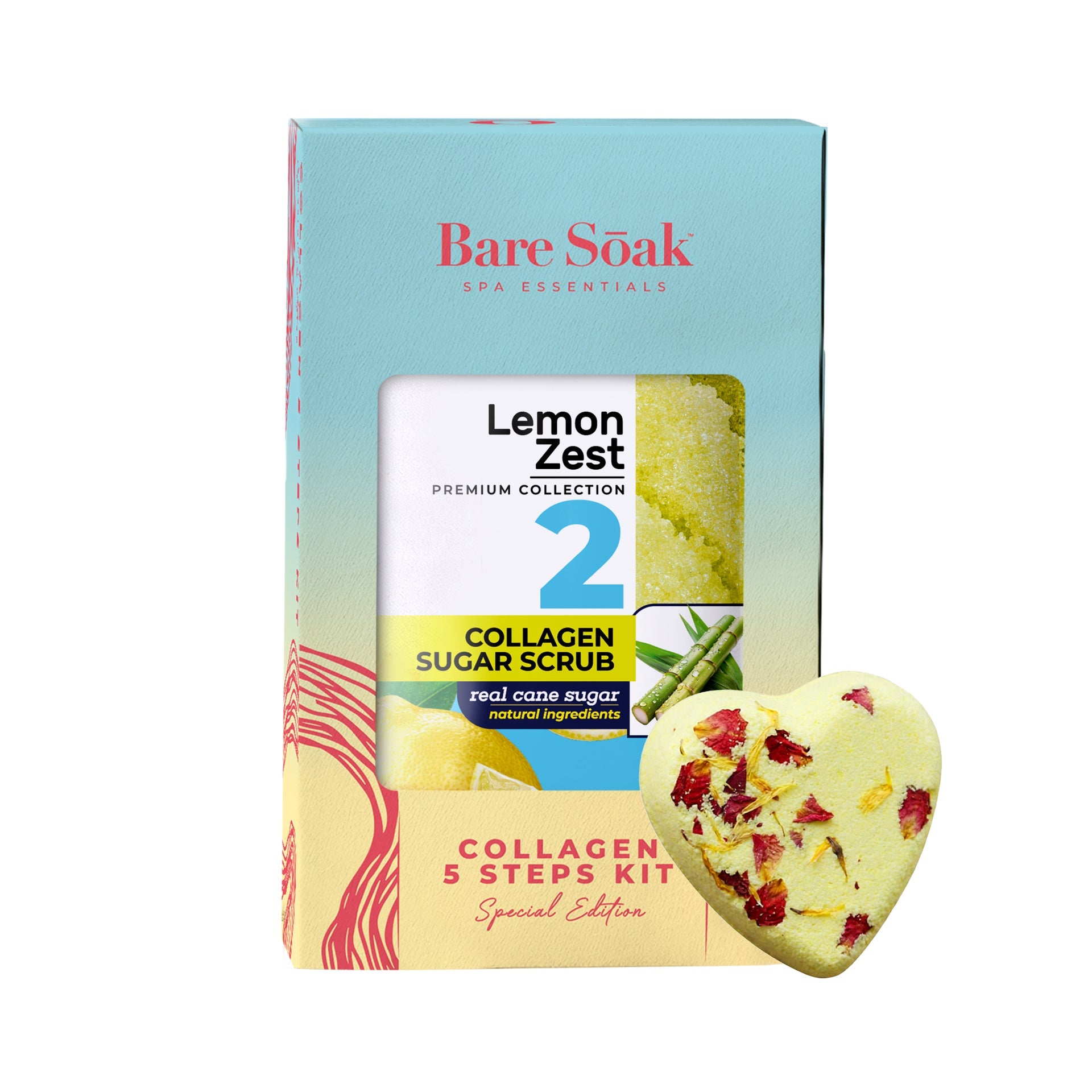 BareSoak 5 Steps Collagen with HEART Fizz Bomb - Lemon Zest - Kits - New