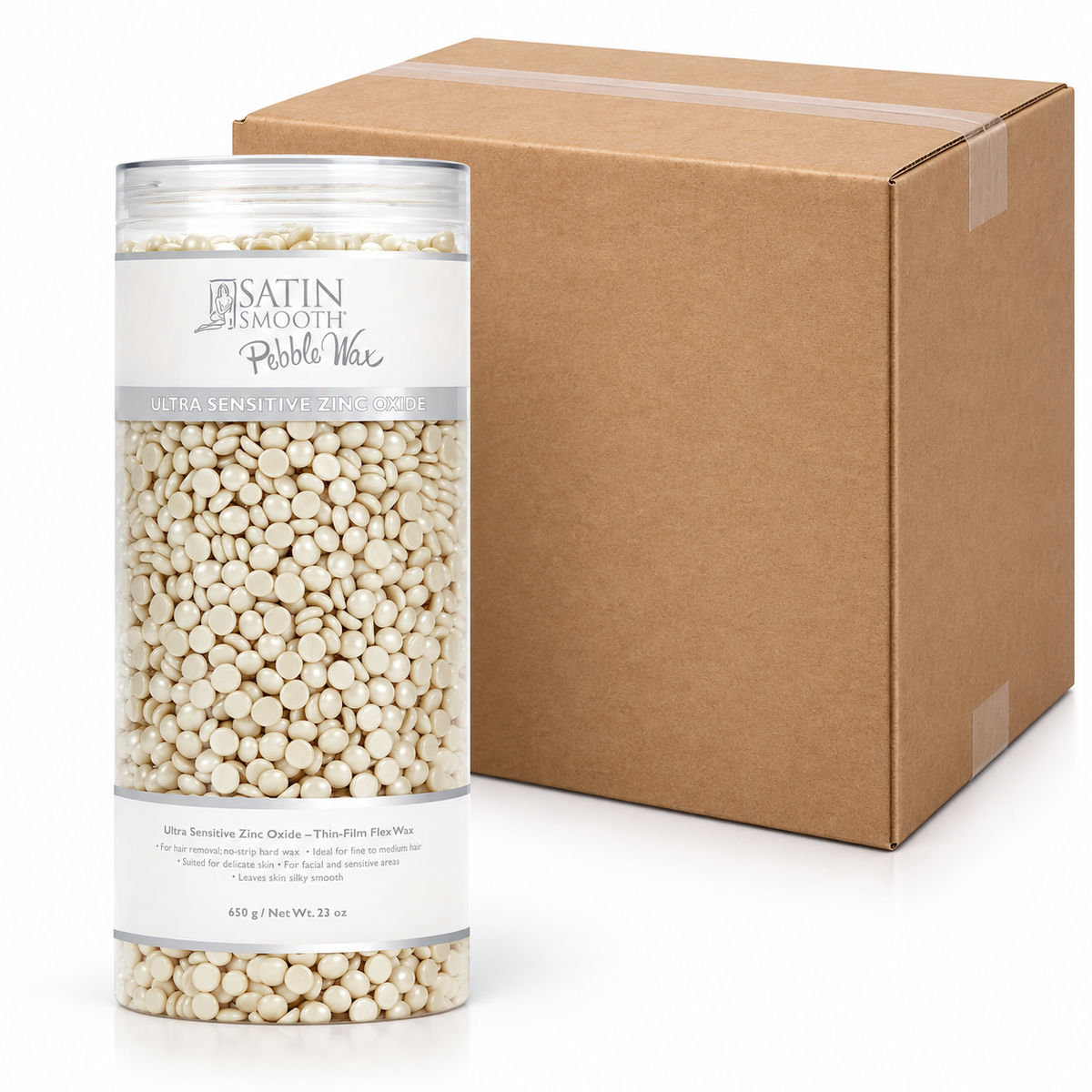 Satin Smooth Ultra Sensitive Zinc Oxide Hard Wax Beads, White, 23oz - Case of 12 — illustrative case image with retail item and plain shipping carton
