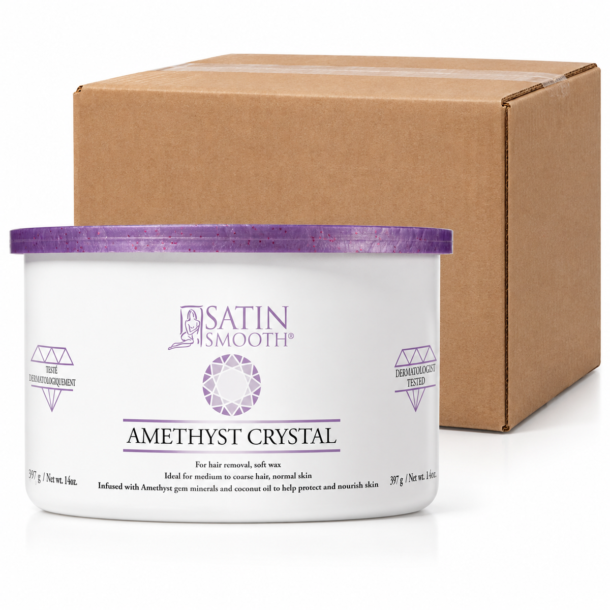 Satin Smooth Amethyst Crystal Soft Wax 14oz - Case of 12 — illustrative case image with retail item and plain shipping carton