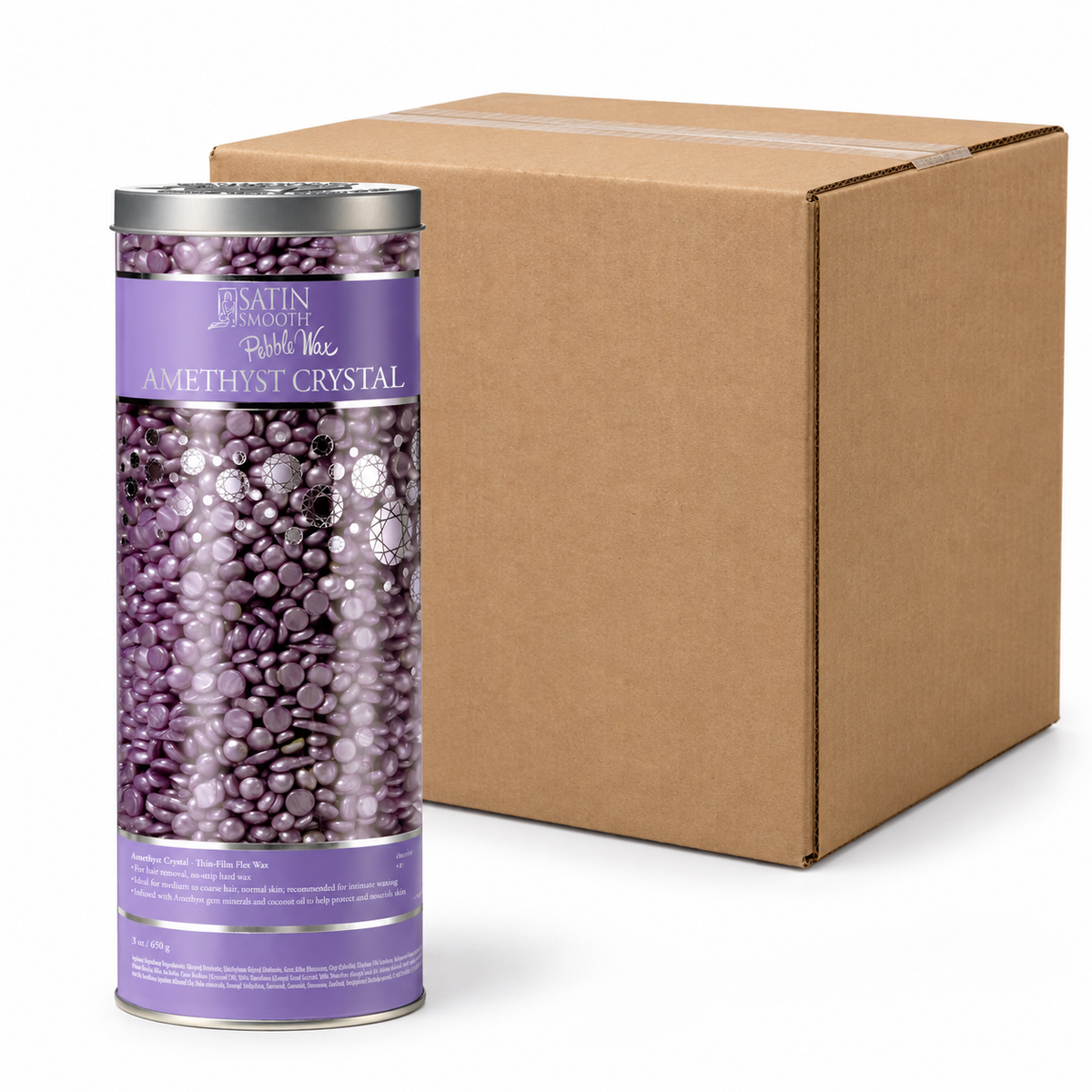 Satin Smooth Amethyst Crystal Hard Wax Beads, Hair Removal, Purple, 23oz- Case of 12 — illustrative case image with retail item and plain shipping carton