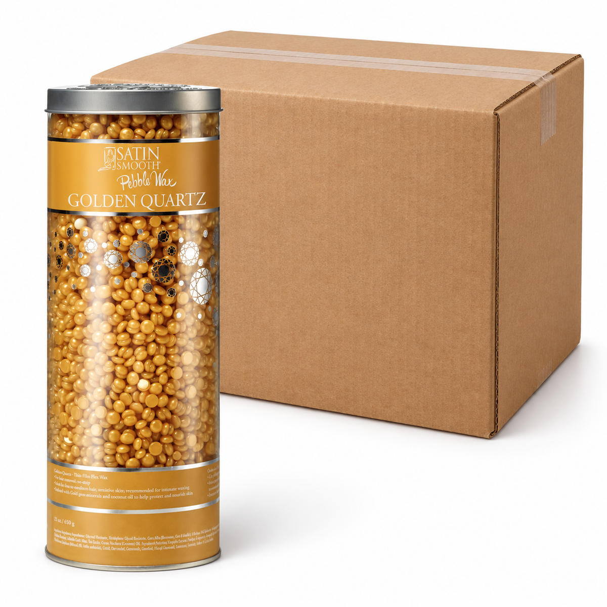 Satin Smooth Golden Quartz Hard Wax Beads, Hair Removal Waxing, Gold, 23oz - Case of 12 — illustrative case image with retail item and plain shipping carton