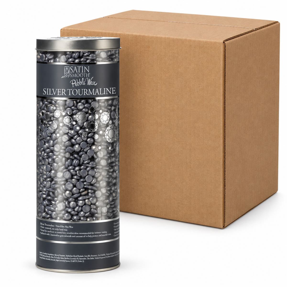 Satin Smooth, Hair Removal Wax, Thin Film Flex Pebbles Wax™, Silver Tourmaline, 23oz - Case of 12 — illustrative case image with retail item and plain shipping carton