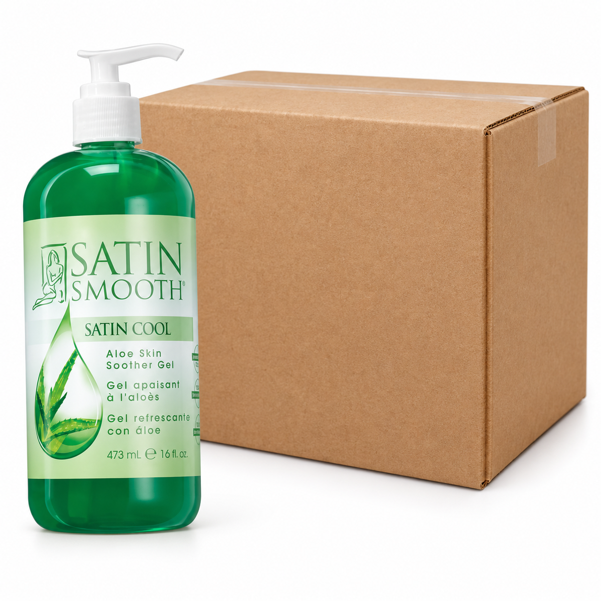 Satin Cool Aloe Vera Gel 16oz - Case of 12 — illustrative case image with retail item and plain shipping carton