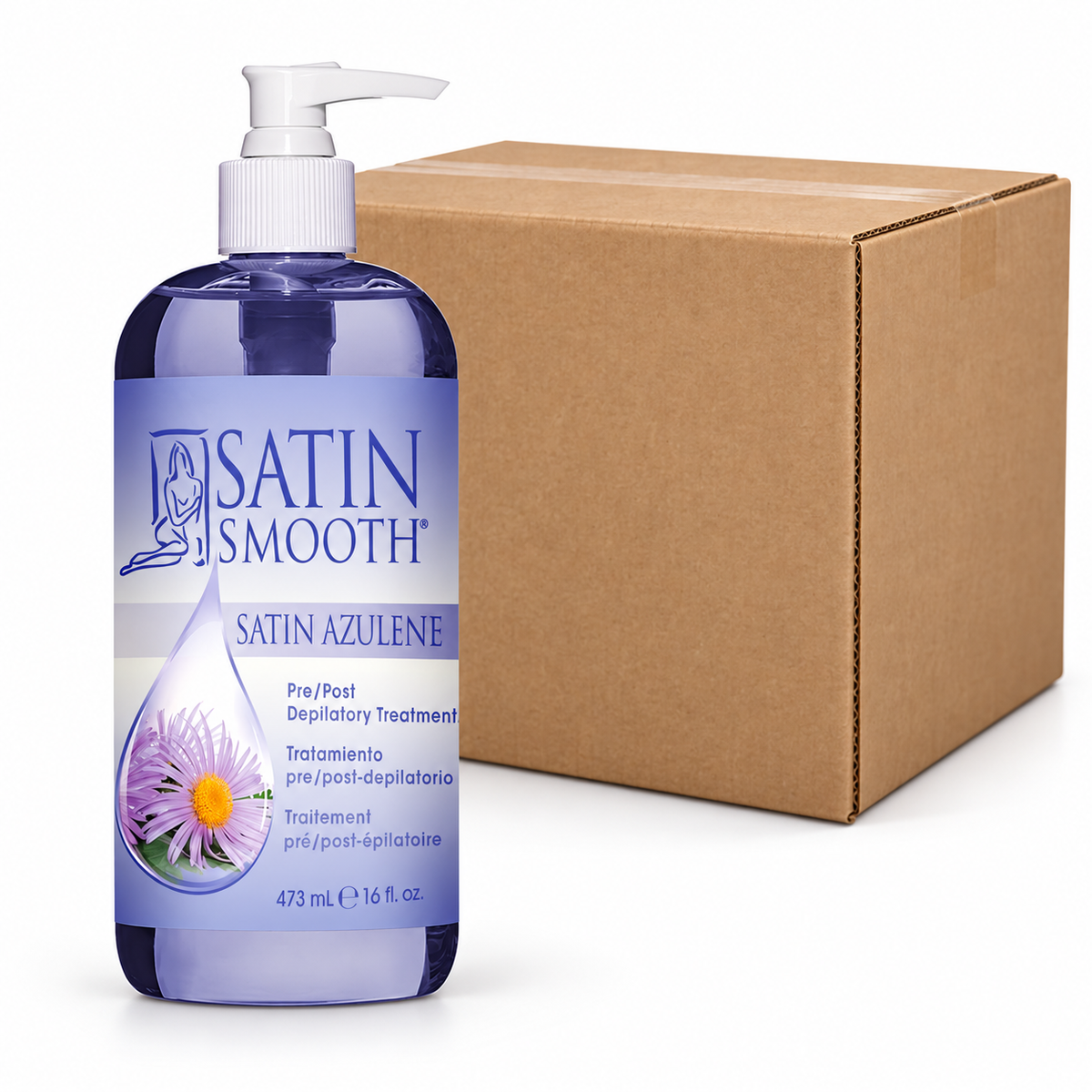 Satin Smooth Azulene Pre-Post Depilatory Treatment  16 fl oz - Case of 12 — illustrative case image with retail item and plain shipping carton