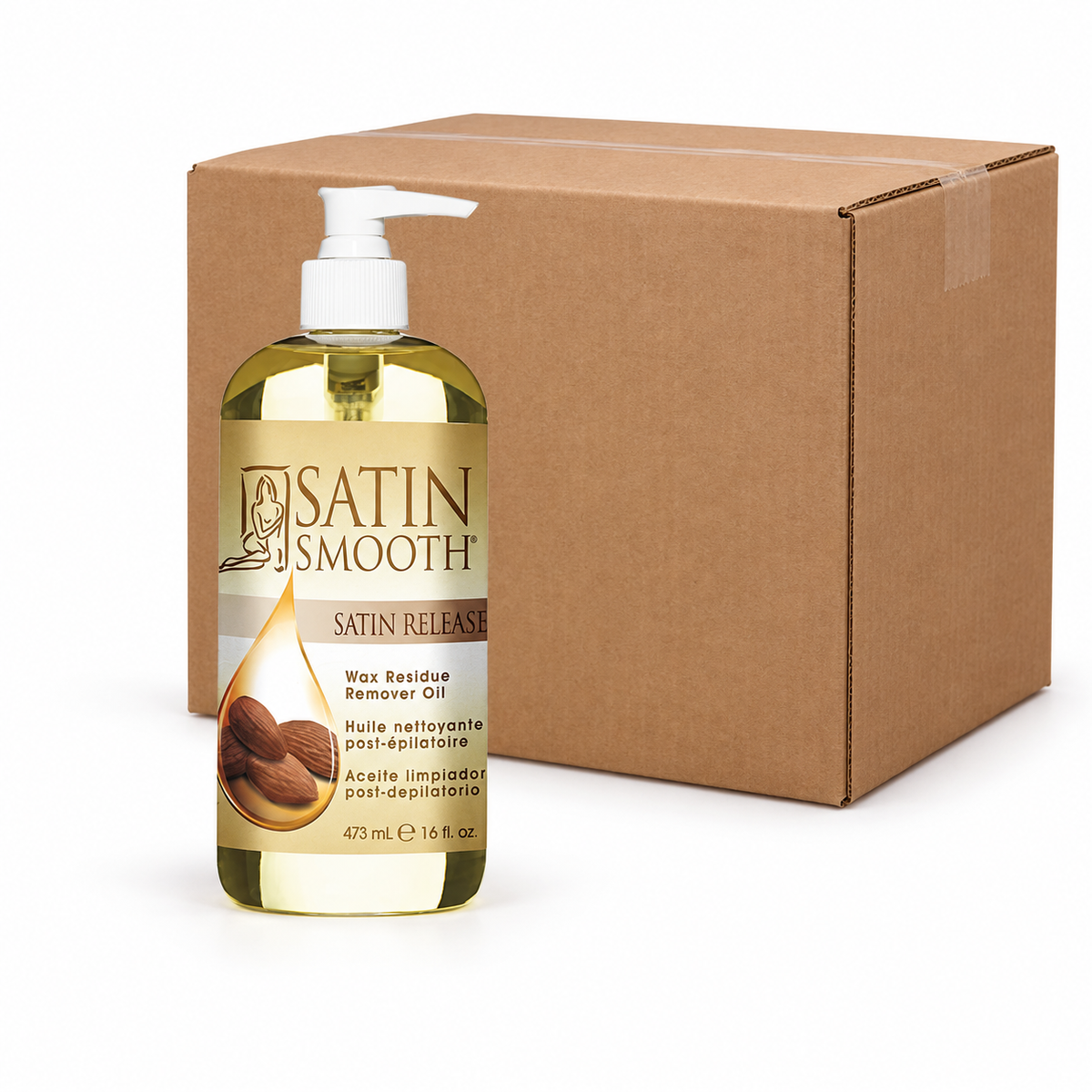 Satin Smooth Release Wax Residue Remover 16 fl oz - Case o 12 — illustrative case image with retail item and plain shipping carton