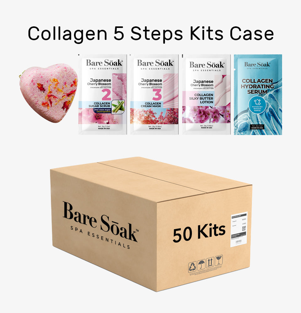 BareSoak 5 Steps Collagen with HEART Fizz Bomb - Japanese Cherry Blossom - Case of 50 - New
