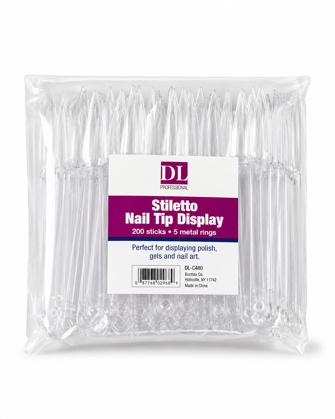 Stiletto Nail Tip Display - 200 sticks - 5 metal rings.
