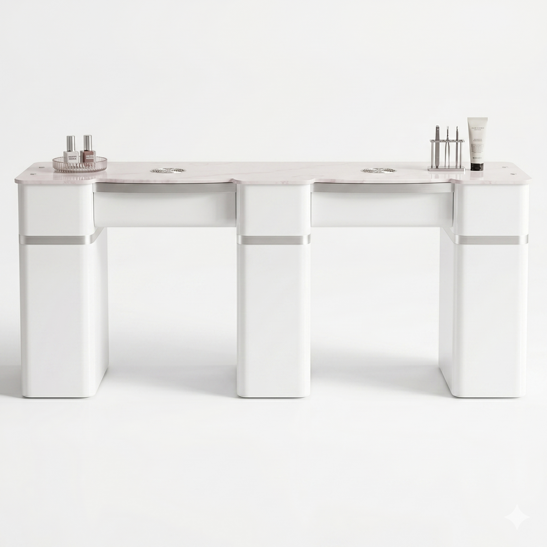 Nail Table - T20W - Double Station with Vent Hood - White Shiney Silve