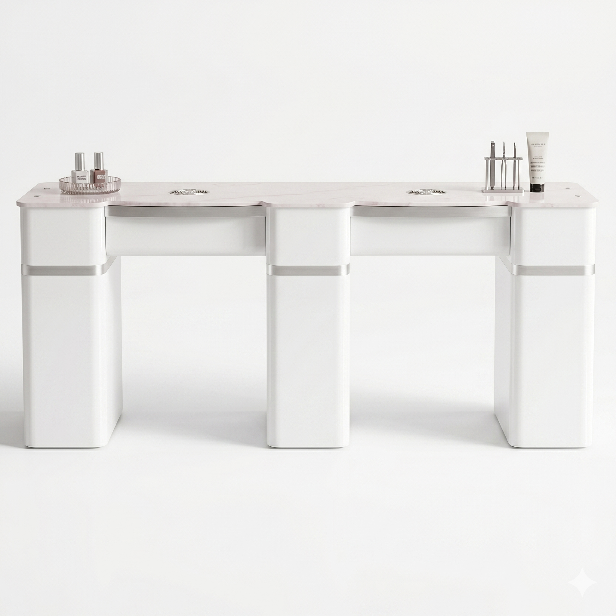 Nail Table - T20W - Double Station with Vent Hood - White Shiney Silver
