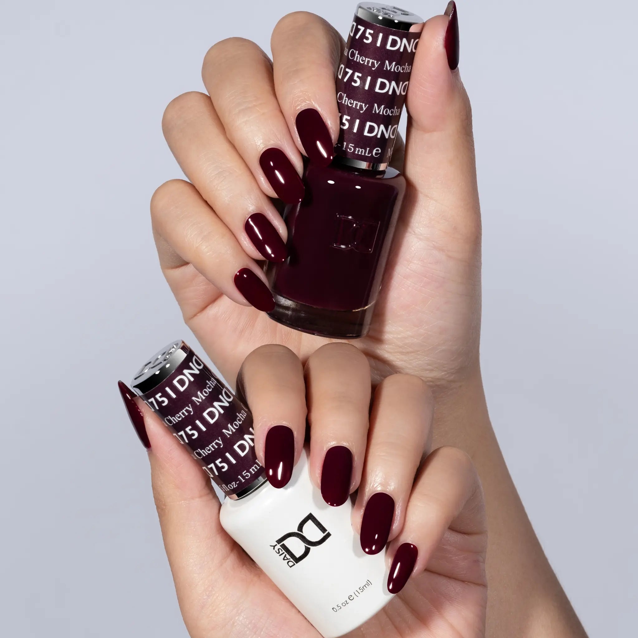 DND 751 Cherry Mocha manicure with gel polish bottle