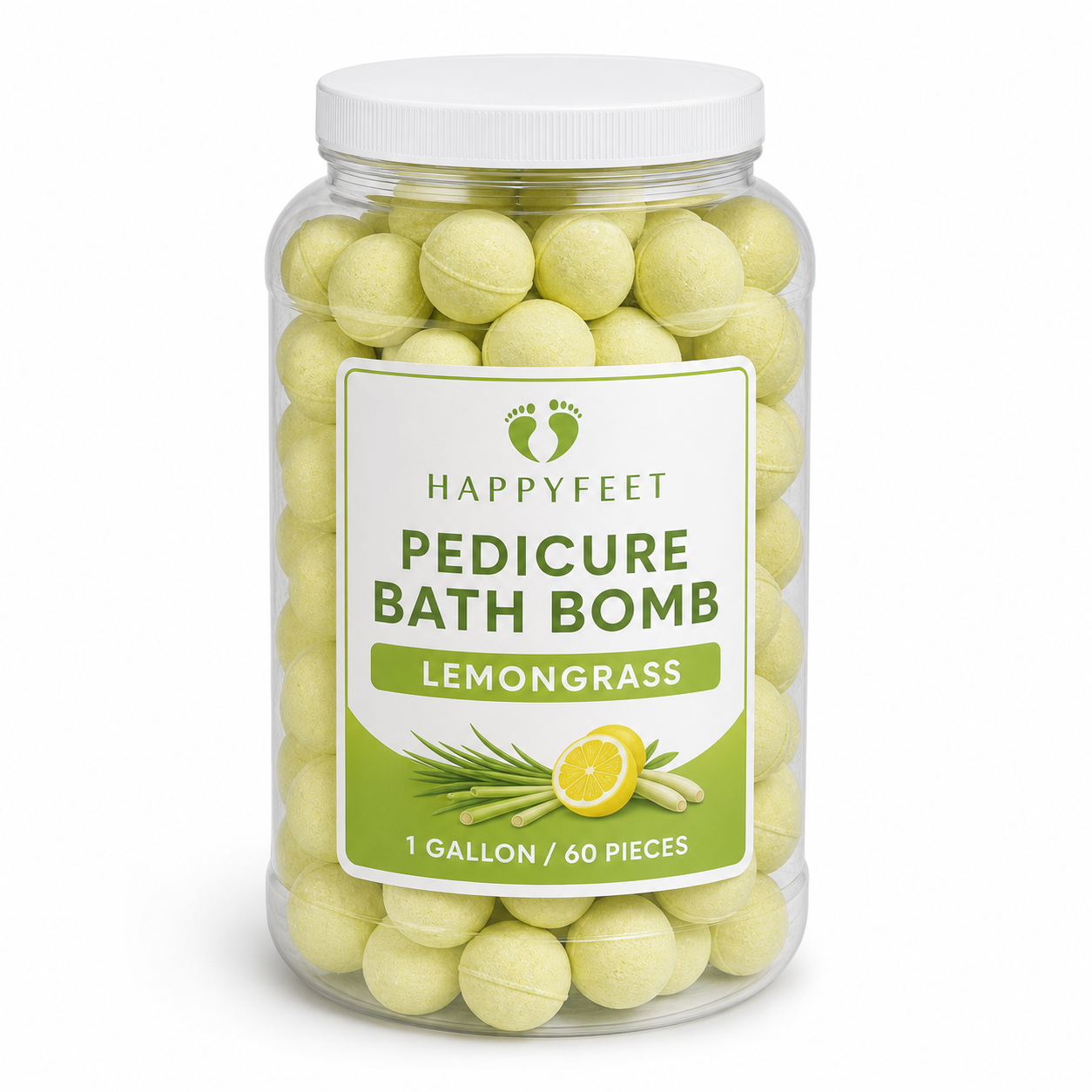 HappyFeet Lemongrass pedicure bath bombs, 1 gallon jar with 60 pieces