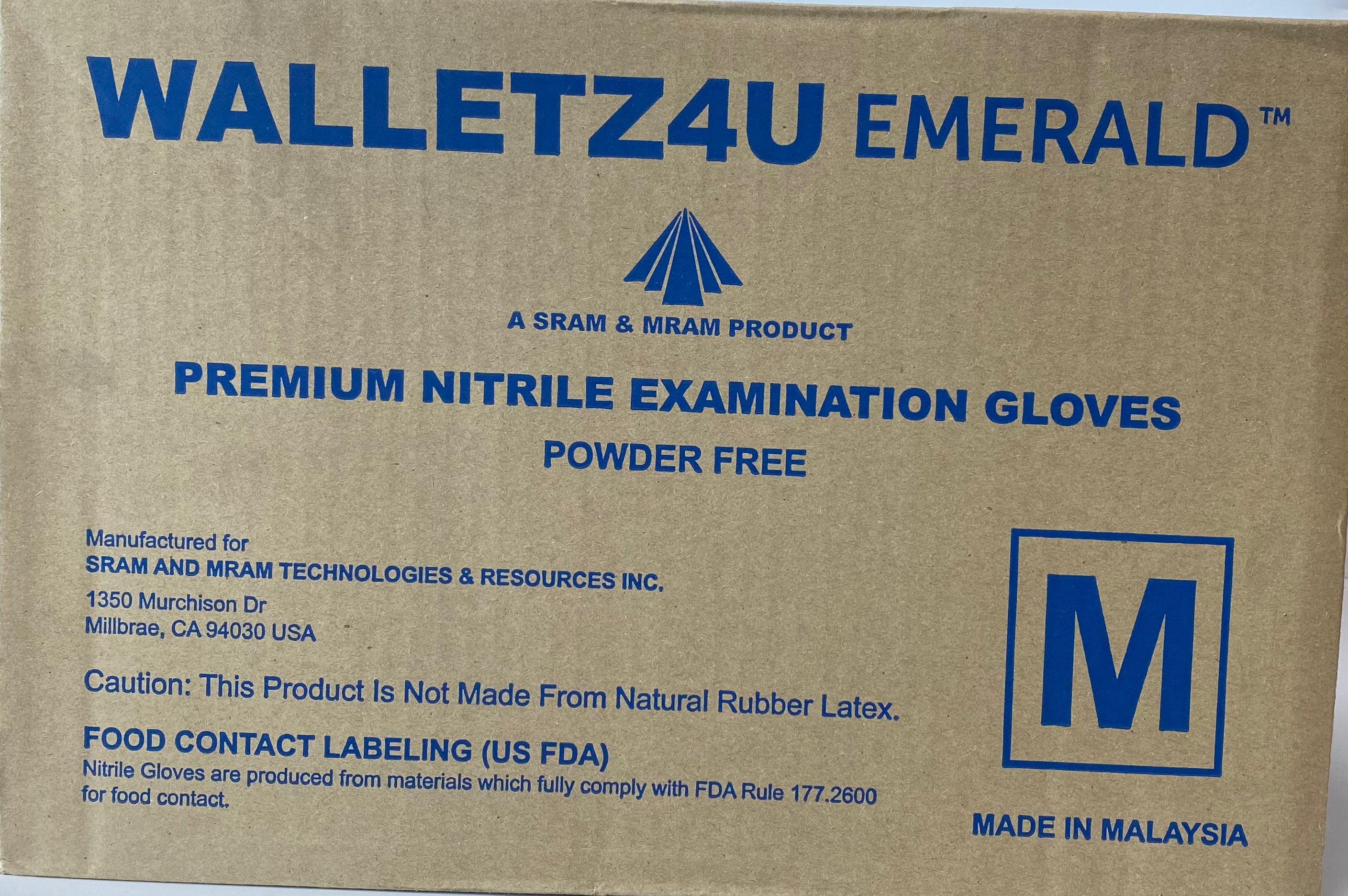 Walletz4u Gloves, Powder Free Nitrile Exam Gloves - Medium Size - Case of 10