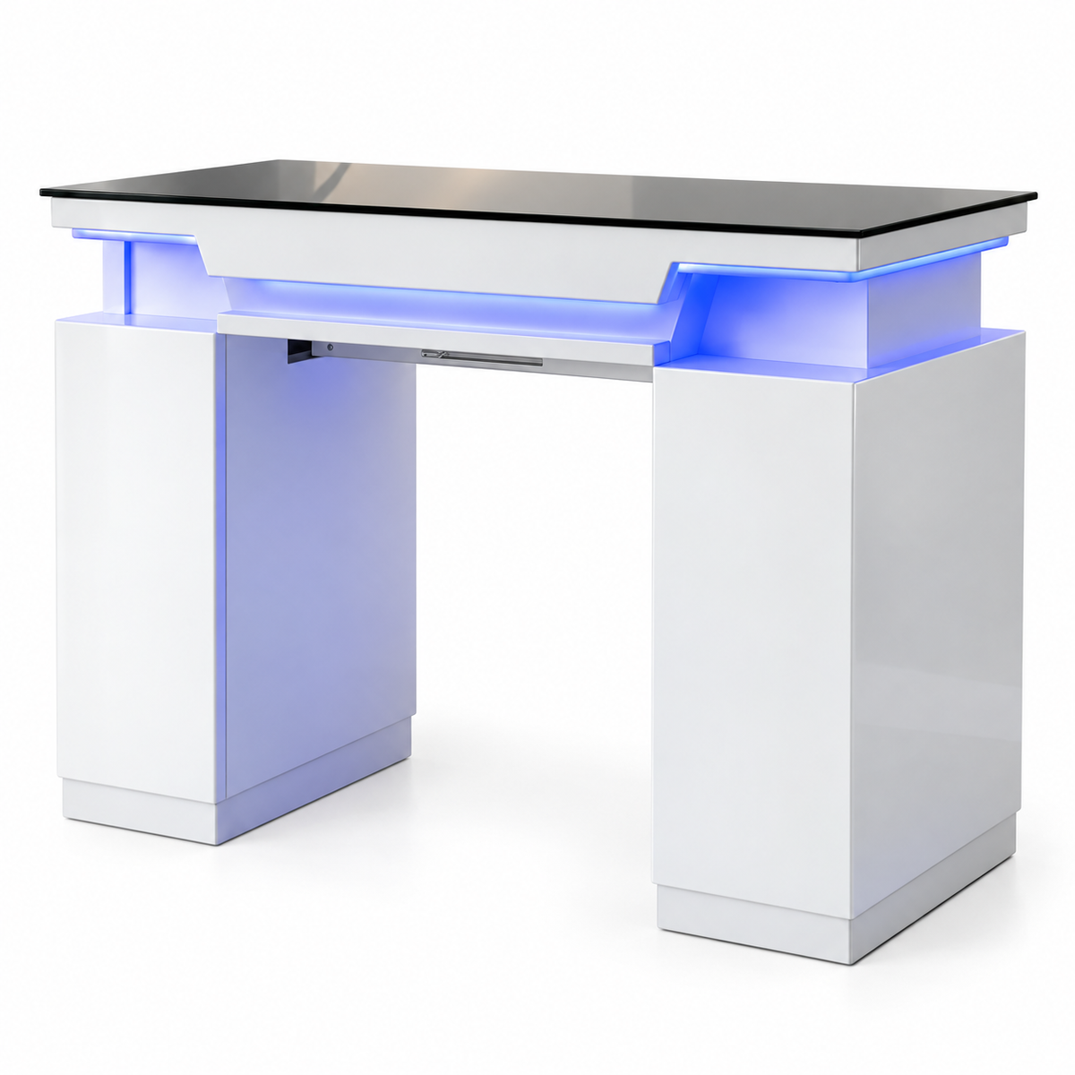 LUXE 02 Single Nail Table - white cabinet with blue accent lighting, without vent hood