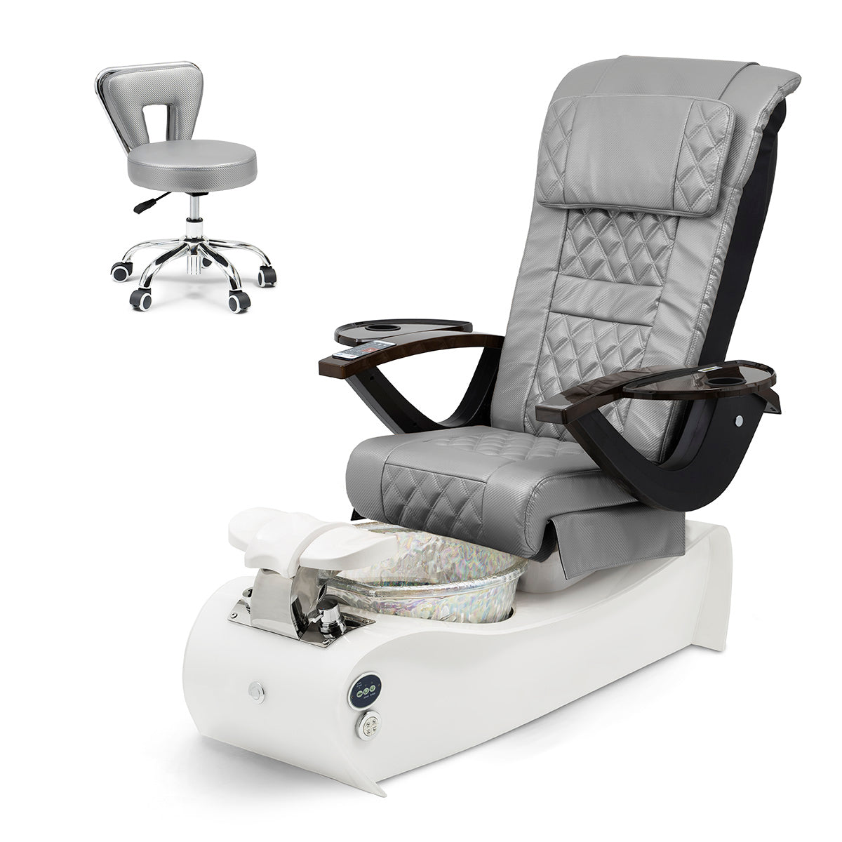 Thunder spa with G490 massage chair, gray Carbon Fiber cover, white base and Unicorn bowl