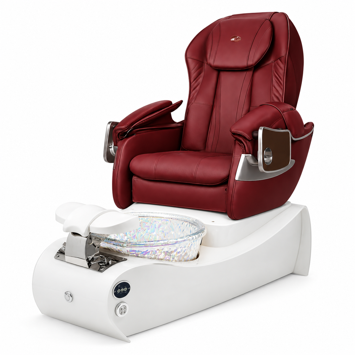 Thunder spa white base and Unicorn bowl with burgundy G9 massage chair — generated bundle illustration