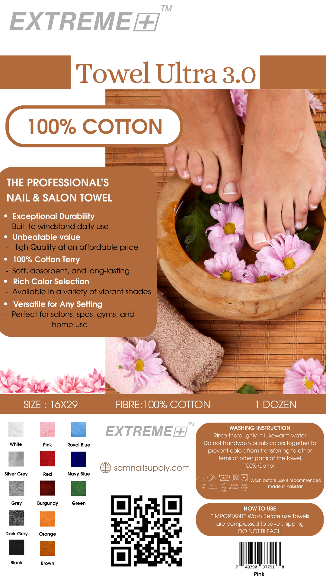 Extreme+ 100% Cotton Towel  - Pink 16x29 - Pack of 12 (3Lbs)