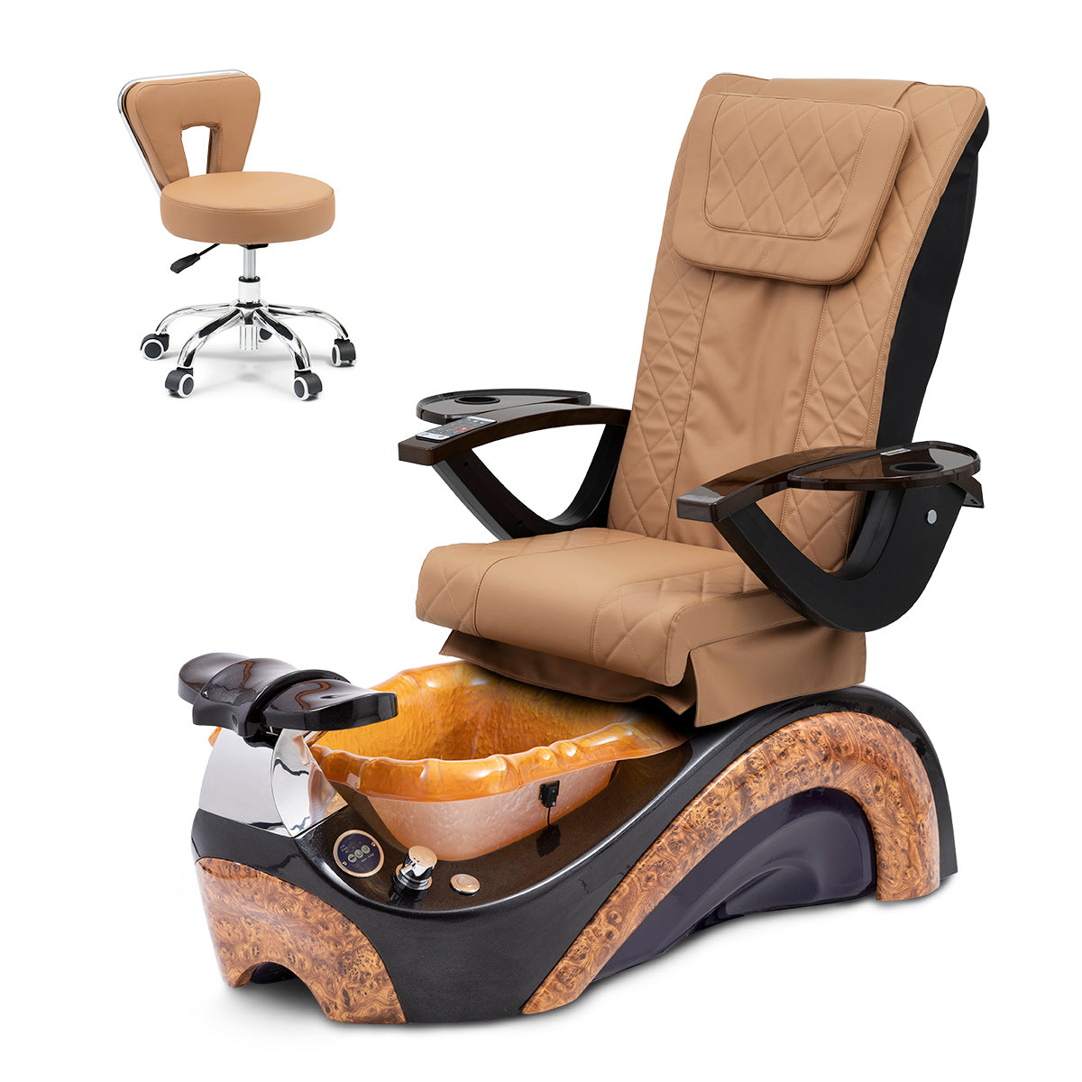 Phoenix Pedicure Spa Chair Complete Set with Pedi Stool - Chocolate Base - Gold Resin Bowl - Diamond Leather