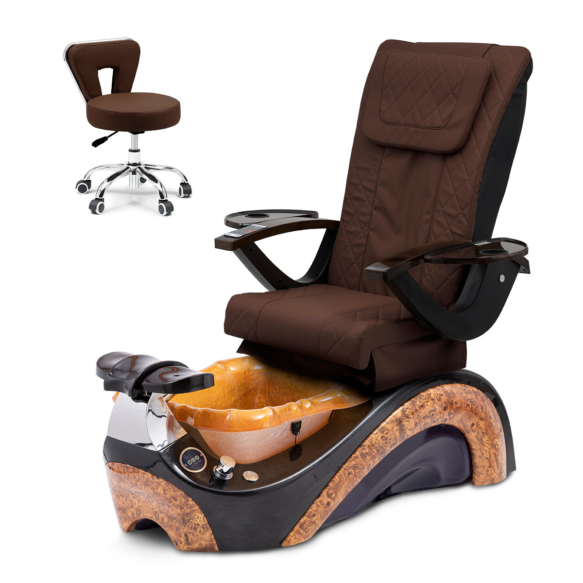 Phoenix Pedicure Spa Chair Complete Set with Pedi Stool - Chocolate Base - Gold Resin Bowl - Diamond Leather