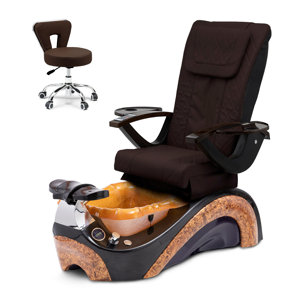 Phoenix Pedicure Spa Chair Complete Set with Pedi Stool - Chocolate Base - Gold Resin Bowl - Diamond Leather