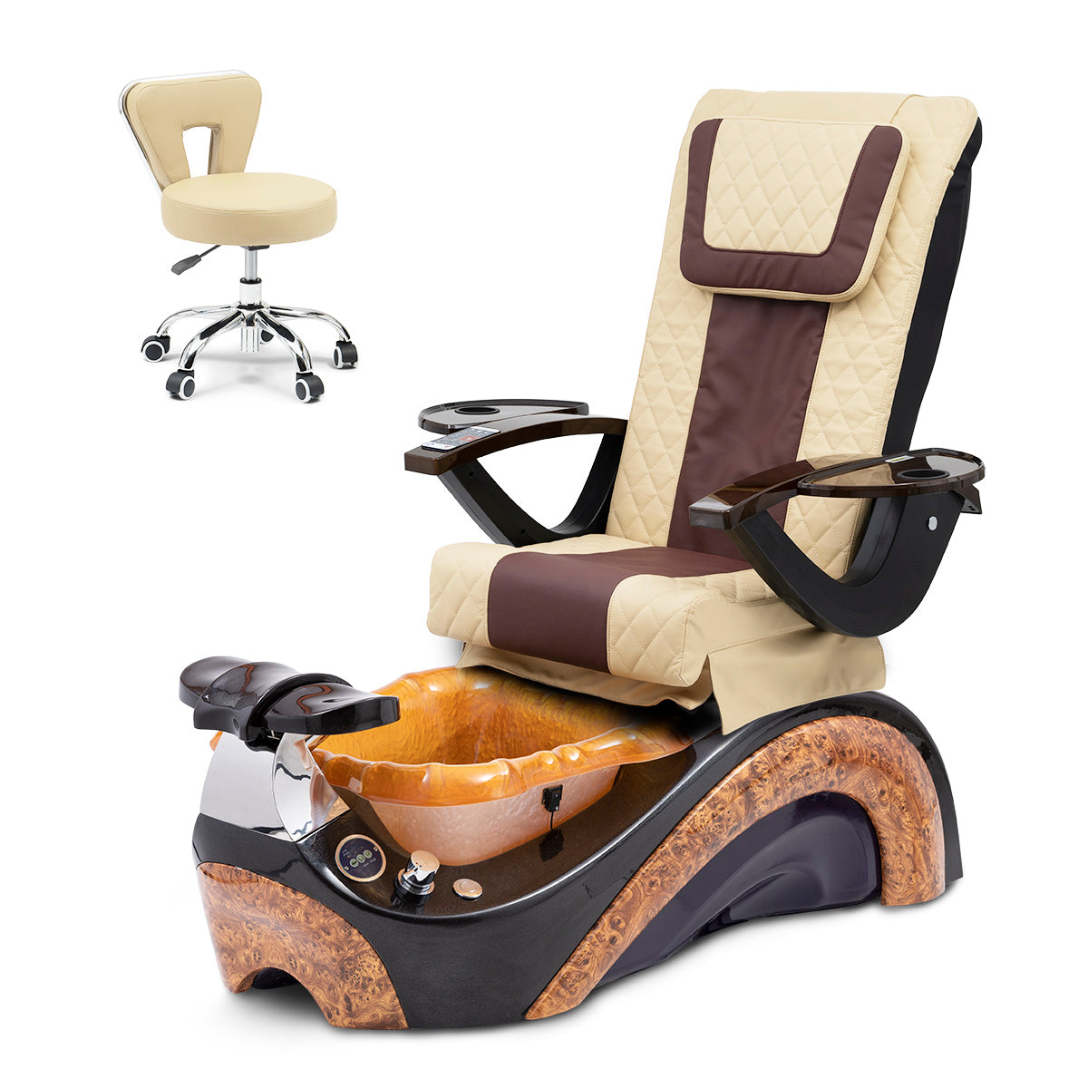 Phoenix Pedicure Spa Chair Complete Set with Pedi Stool - Chocolate Base - Gold Resin Bowl - Diamond Leather
